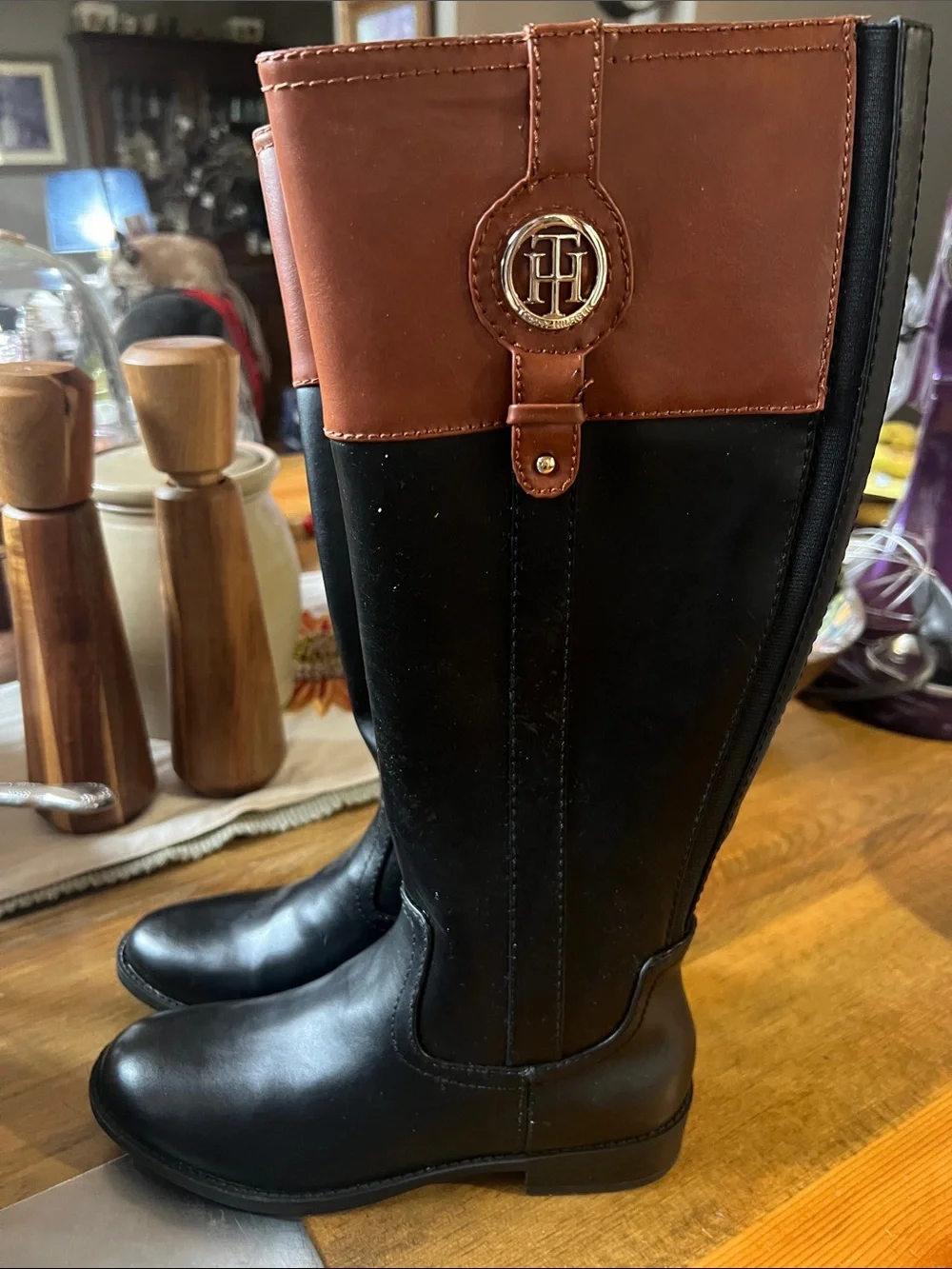 Tommy Hilfiger Black Over-the-Knee Boots with Tan Cuff sz